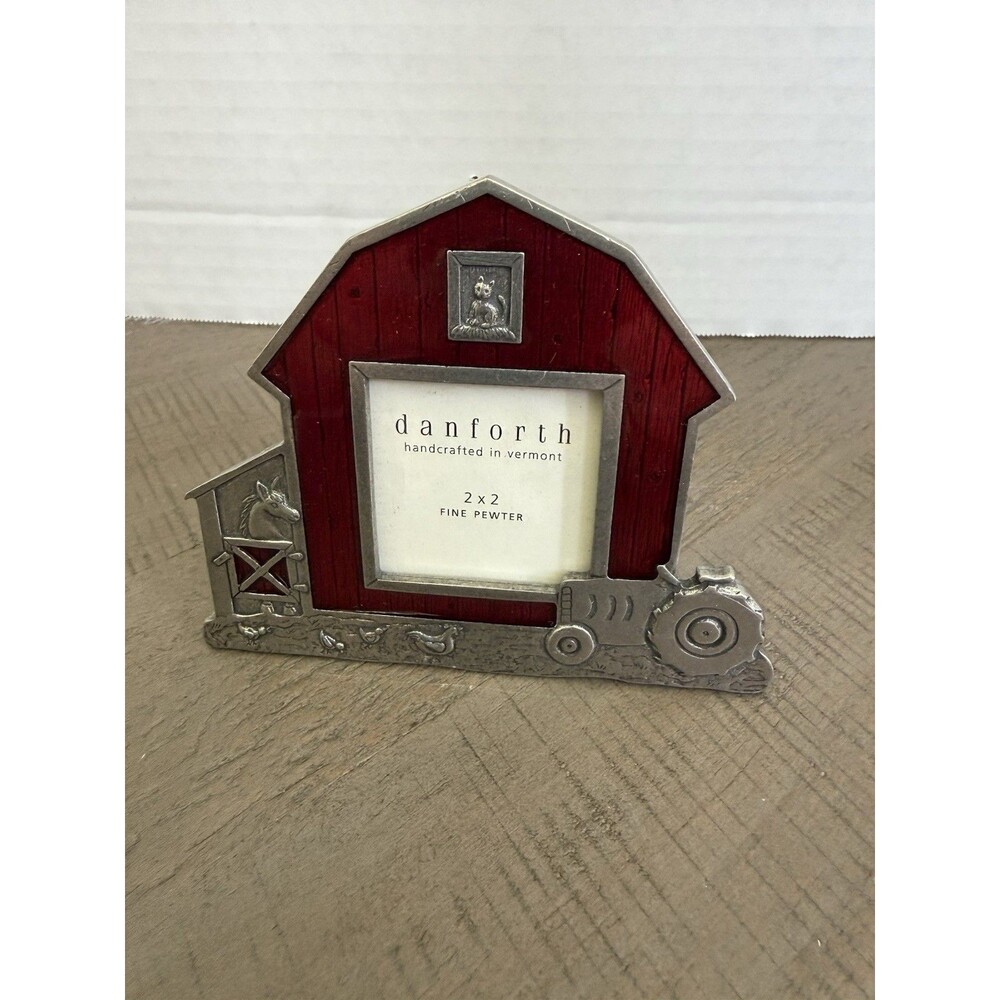 Vintage Danforth Pewter Barn House Photo Frame 3D Red Enamel Small